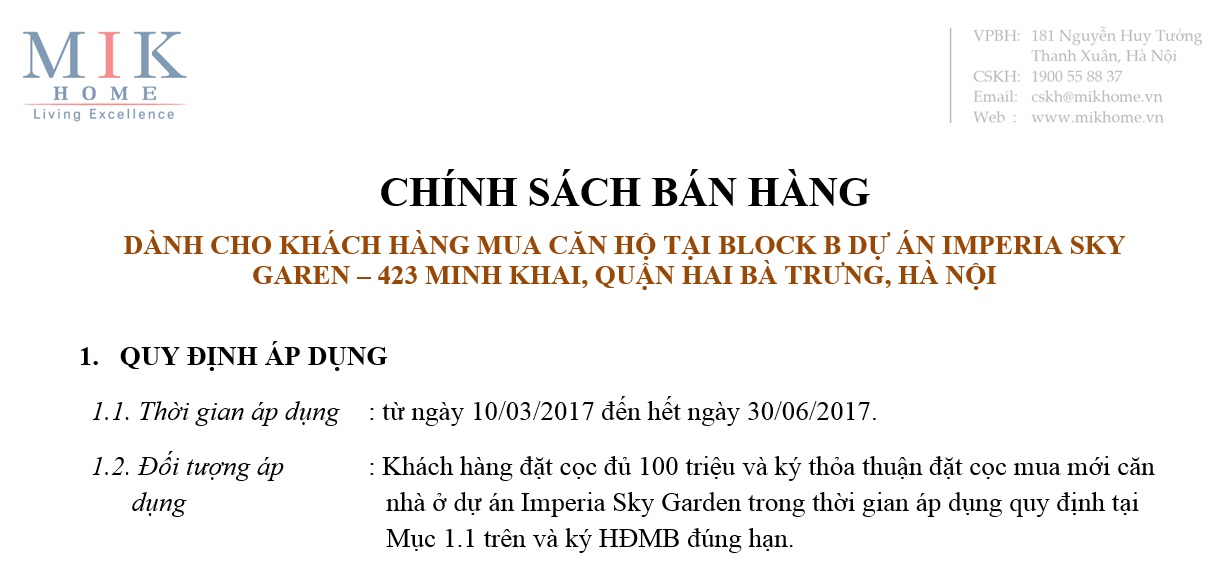 Chính Sách Bán Hàng Chung Cư Imperia Sky Garden