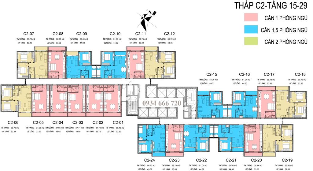 MẶT BẰNG TẦNG 15 - 29 TÒA C2 D'.CAPITALE - Căn hộ Office - SOHO