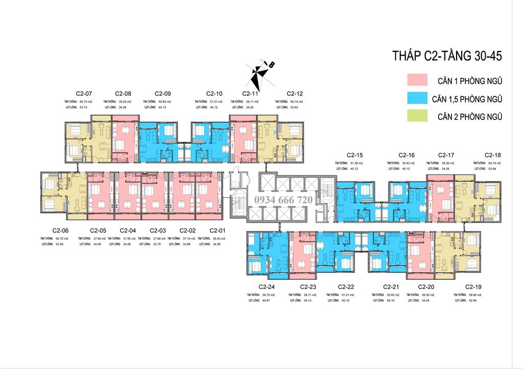 MẶT BẰNG TẦNG 30-45 Tòa C2 D'.Capitale, căn hộ sudio - soho