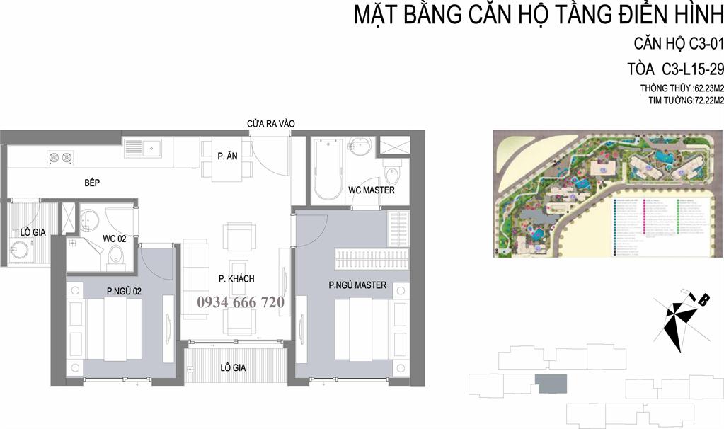 Căn hộ 01 tòa C3, diện tích 72,22m2, thiết kế 2 phòng ngủ