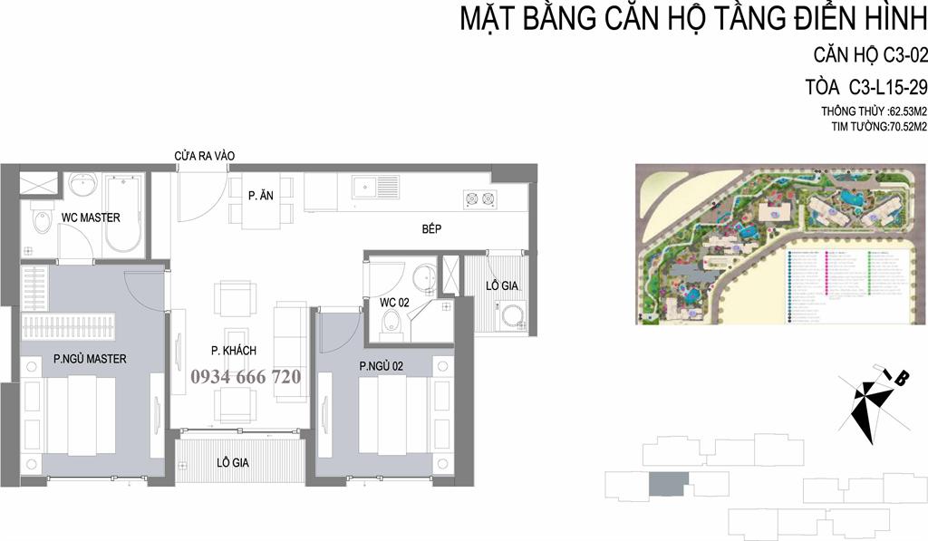 Căn hộ 02 tòa C3, diện tích 70,52m2, thiết kế 2 phòng ngủ