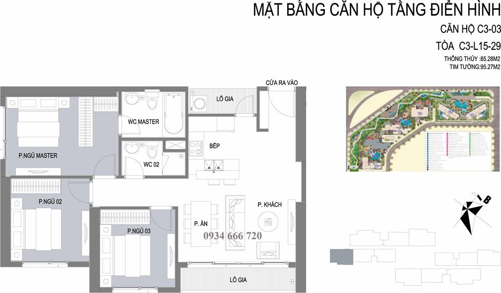 Căn hộ 03 tòa C3, diện tích 95.27m2, thiết kế 3 phòng ngủ