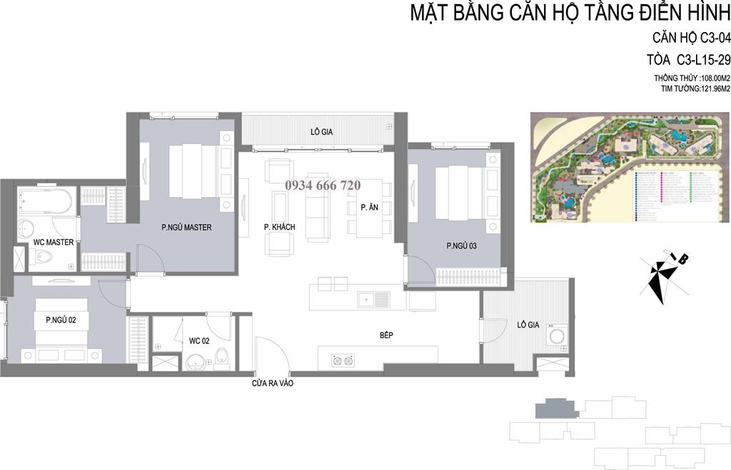 Căn hộ 04 tòa C3, diện tích 121.96m2, thiết kế 3 phòng ngủ