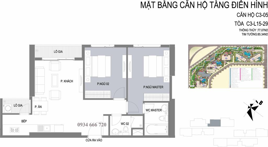 Căn hộ 05 tòa C3, diện tích 85,34m2, thiết kế 2 phòng ngủ