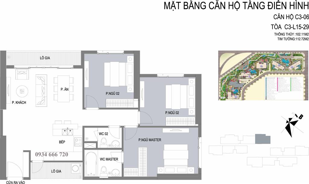 Căn hộ 06 tòa C3, diện tích 112.72m2, thiết kế 3 phòng ngủ