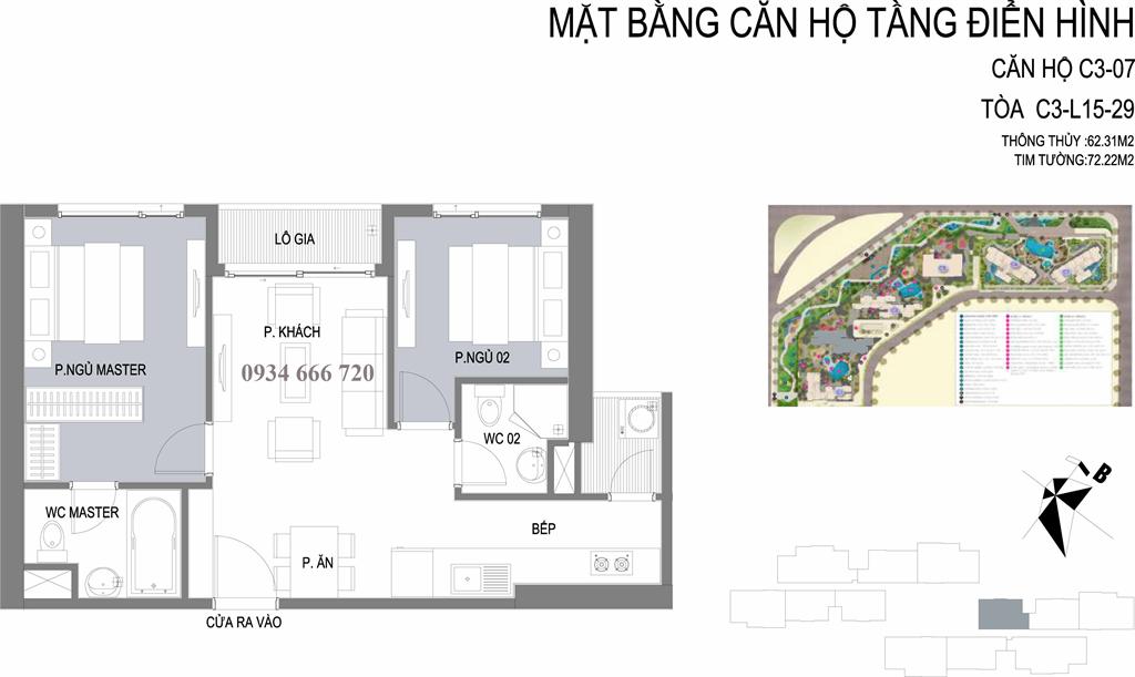 Căn hộ 07 tòa C3, diện tích 72,22m2, thiết kế 2 phòng ngủ