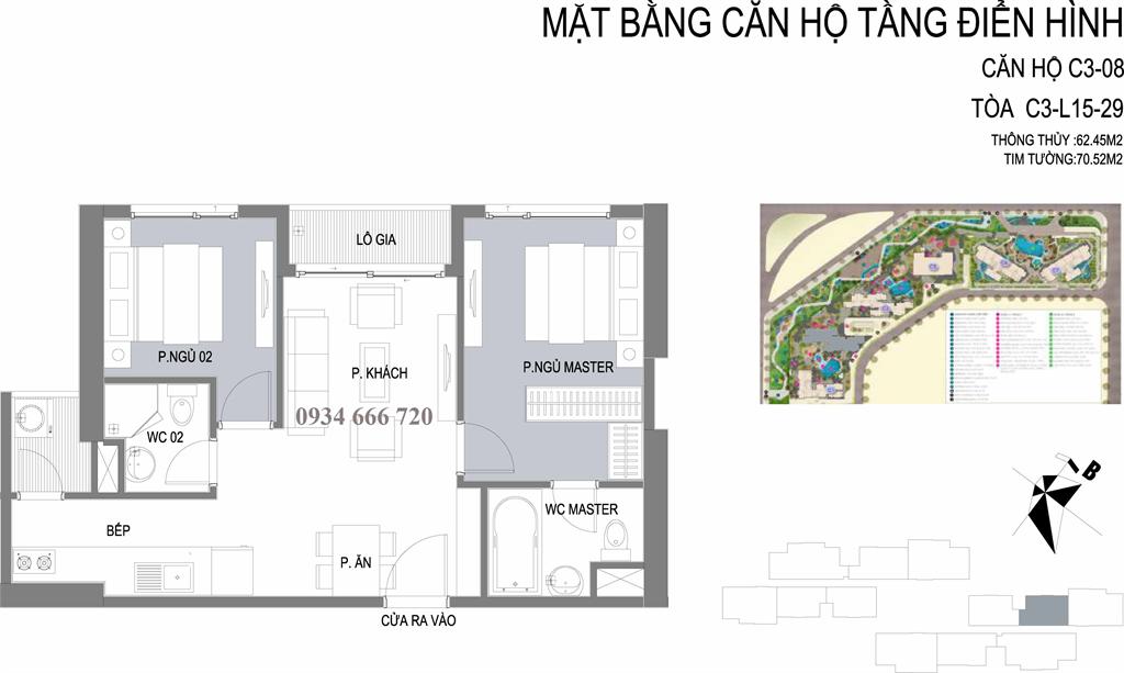 Căn hộ 08 tòa C3, diện tích 70,52m2, thiết kế 2 phòng ngủ