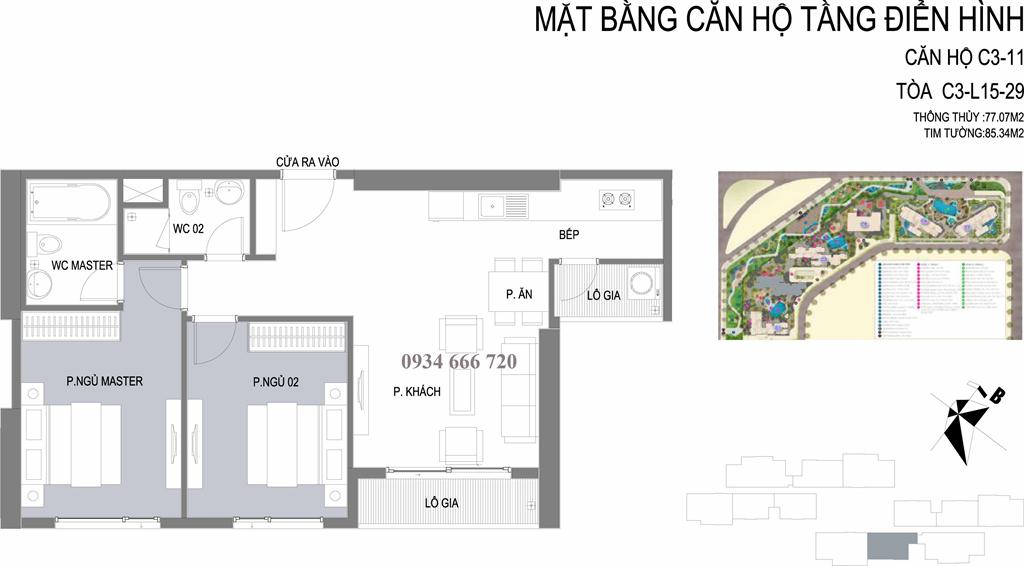 Căn hộ 11 tòa C3, diện tích 85.34m2, thiết kế 2 phòng ngủ