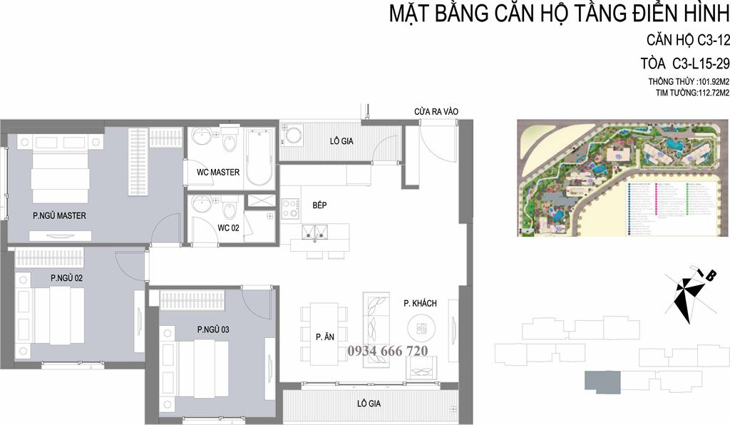 Căn hộ 12 tòa C3, diện tích 112.72m2, thiết kế 3 phòng ngủ