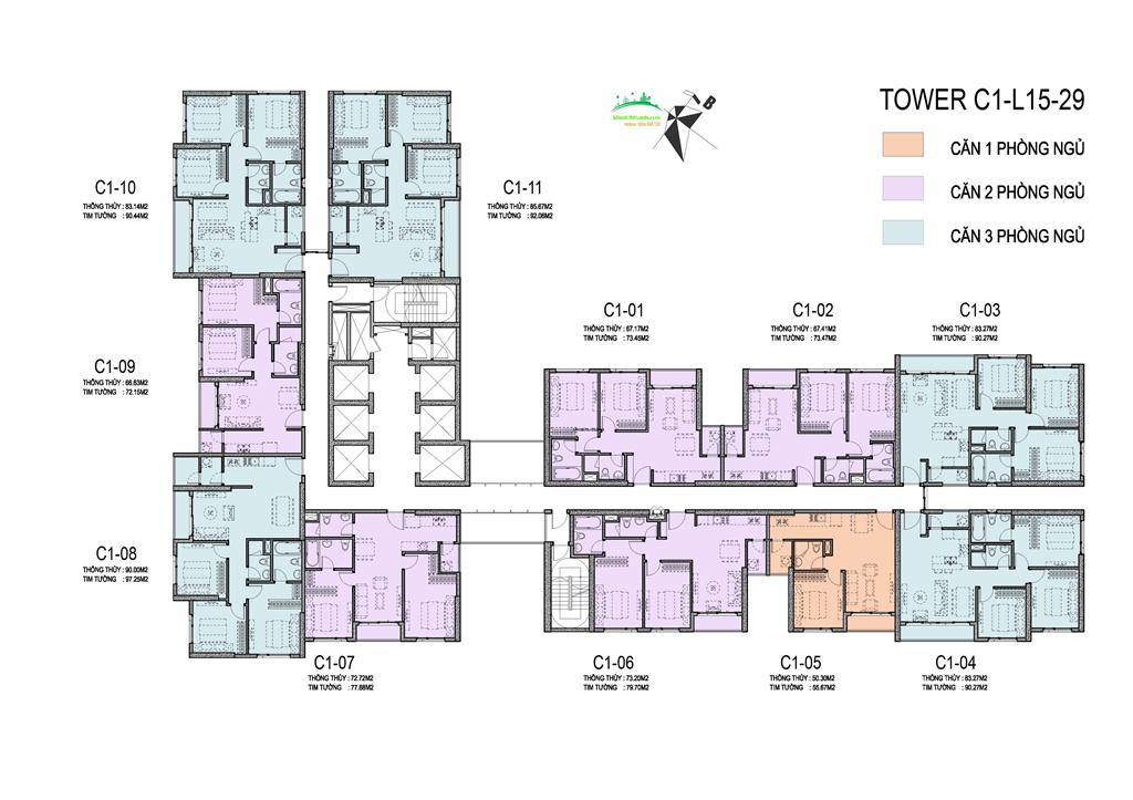 Mặt bằng tòa C1 Vinhomes D'Capitale tầng từ 15-29