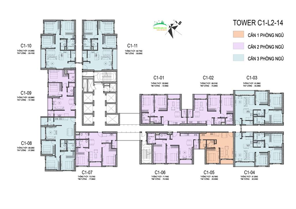 Mặt bằng từ tầng 2 - 14, tòa C1 Vinhomes D' Capitale