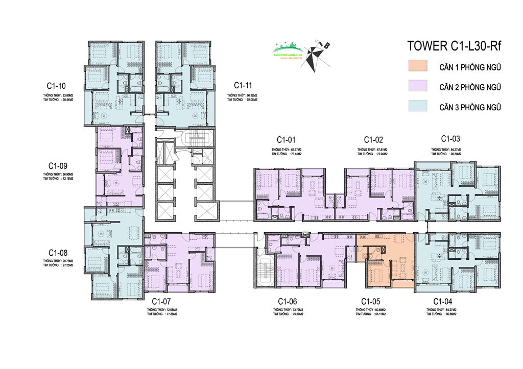 Mặt bằng từ tầng 30, tòa C1 Vinhomes D' Capitale