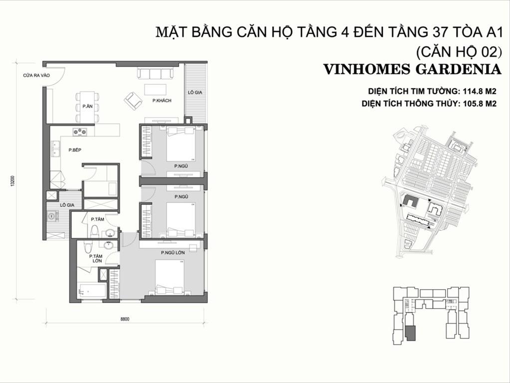 Vinhomes Gardenia Tòa A1 căn hộ 02, 3 phòng ngủ