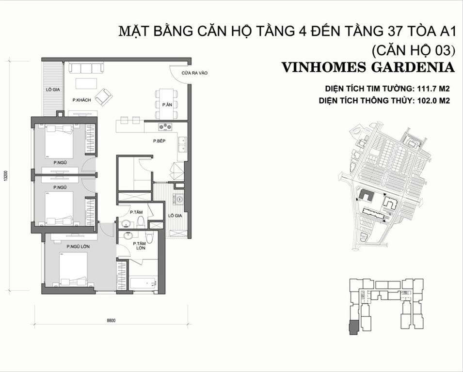 Vinhomes Gardenia Tòa A1 căn hộ 03, 3 phòng ngủ