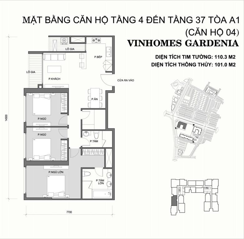 Vinhomes Gardenia Tòa A1 căn hộ 04, 3 phòng ngủ