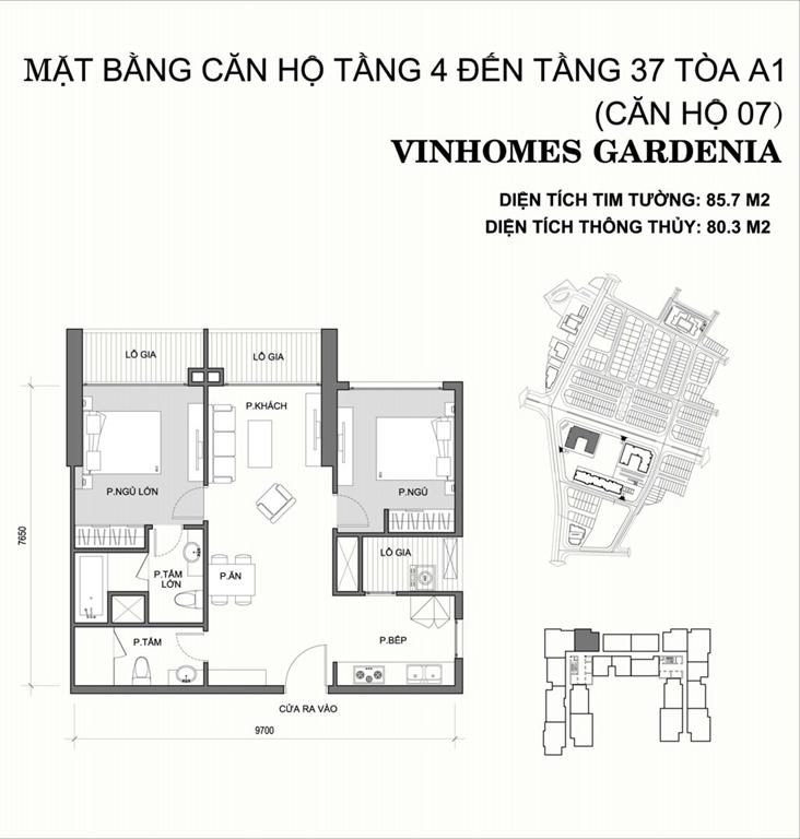 Vinhomes Gardenia Tòa A1 căn hộ 07, 2 phòng ngủ
