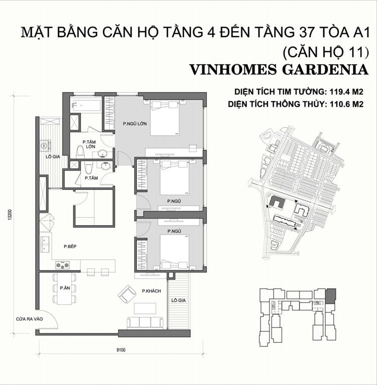 Vinhomes Gardenia Tòa A1 căn hộ 11, 3 phòng ngủ