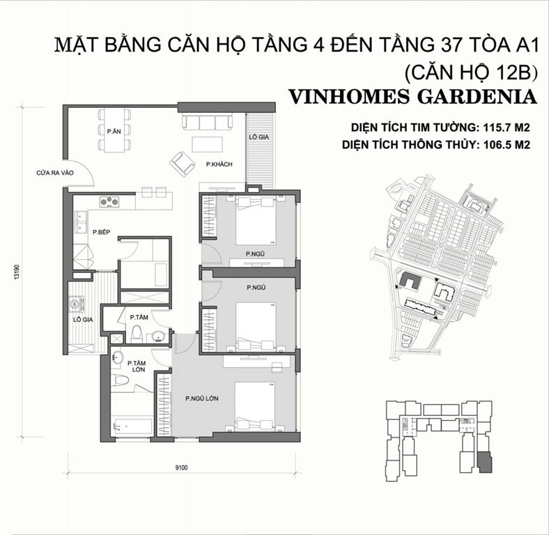 Vinhomes Gardenia Tòa A1 căn hộ 12B, 3 phòng ngủ