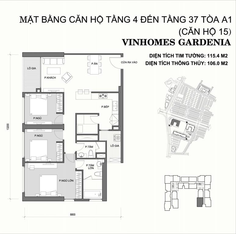 Vinhomes Gardenia Tòa A1 căn hộ 15, 3 phòng ngủ