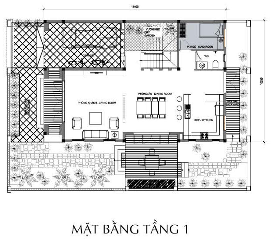 Mặt bằng tầng 1 biệt thự Botanica - Vinhomes Gardenia