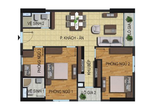 Mặt bằng căn hộ CT1-C 3 phòng ngủ