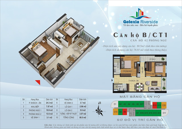 Căn hộ B, 80,5m2, 2 phòng ngủ - CT1 Gelexia Riverside