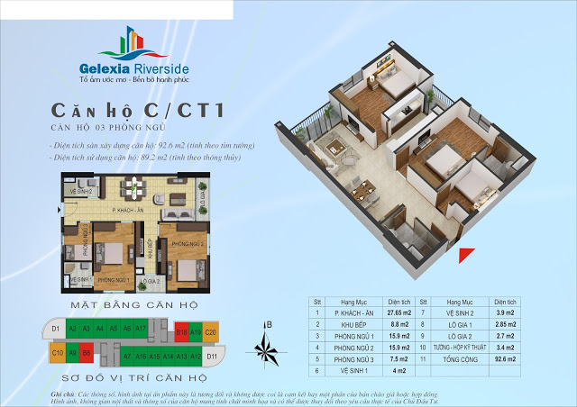 Căn hộ C, 92,6m2, 3 phòng ngủ - CT1 Gelexia Riverside