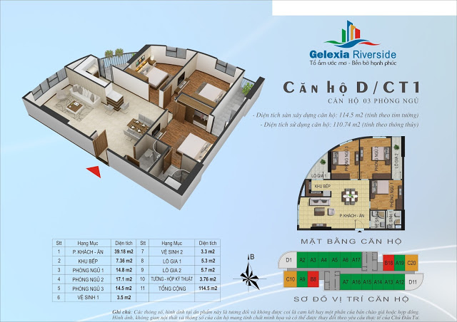 Căn hộ D, 114,5m2, 3 phòng ngủ - CT1 Gelexia Riverside