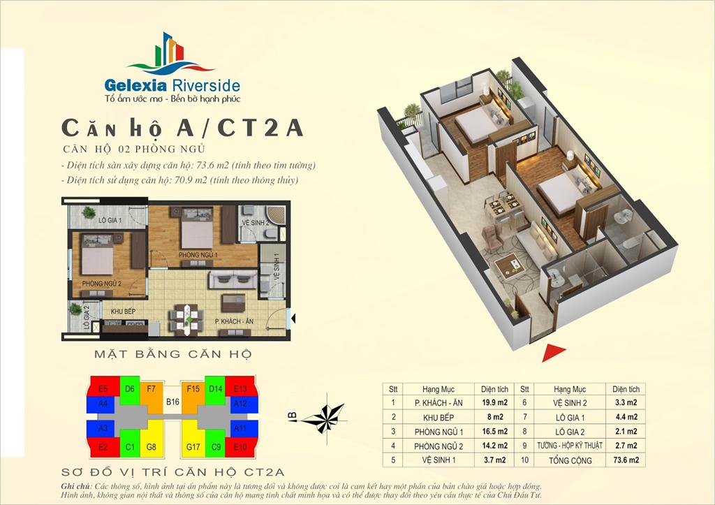Thiết kế căn hộ A, 2 phòng ngủ, tòa CT2A chung cư Gelexia Riverside Tam Trinh