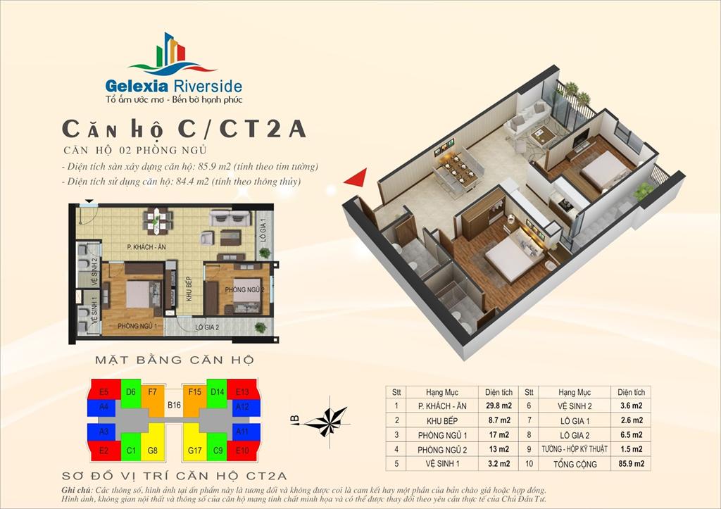 Thiết kế căn hộ C, 2 phòng ngủ, tòa CT2A chung cư Gelexia Riverside Tam Trinh