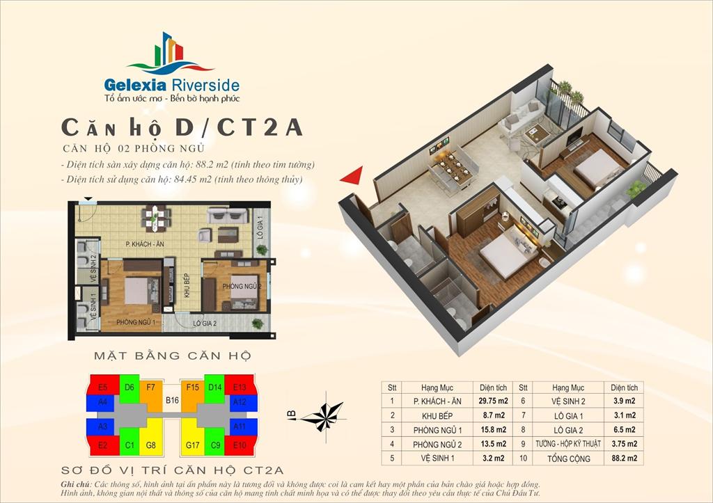 Thiết kế căn hộ D, 2 phòng ngủ, tòa CT2A chung cư Gelexia Riverside Tam Trinh