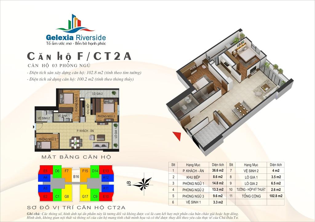 Thiết kế căn hộ F, 3 phòng ngủ, tòa CT2A chung cư Gelexia Riverside Tam Trinh