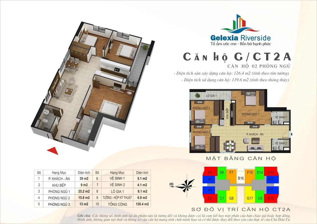 Thiết kế căn hộ G, 2 phòng ngủ, tòa CT2A chung cư Gelexia Riverside Tam Trinh