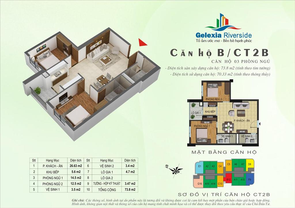 Thiết kế căn hộ B, 2 phòng ngủ, CT2B Gelexia Riverside