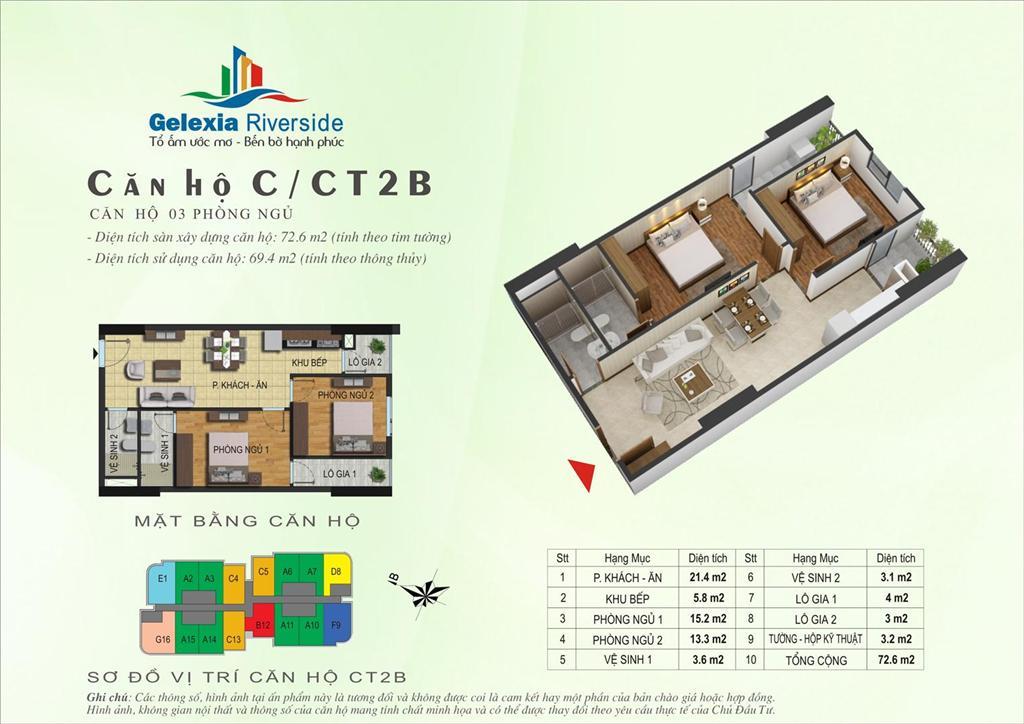 Thiết kế căn hộ C, 2 phòng ngủ, CT2B Gelexia Riverside