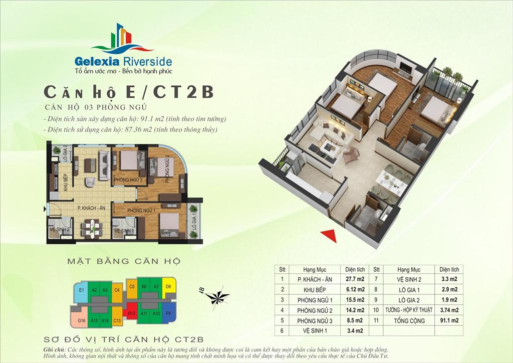 Thiết kế căn hộ E, 3 phòng ngủ, CT2B Gelexia Riverside