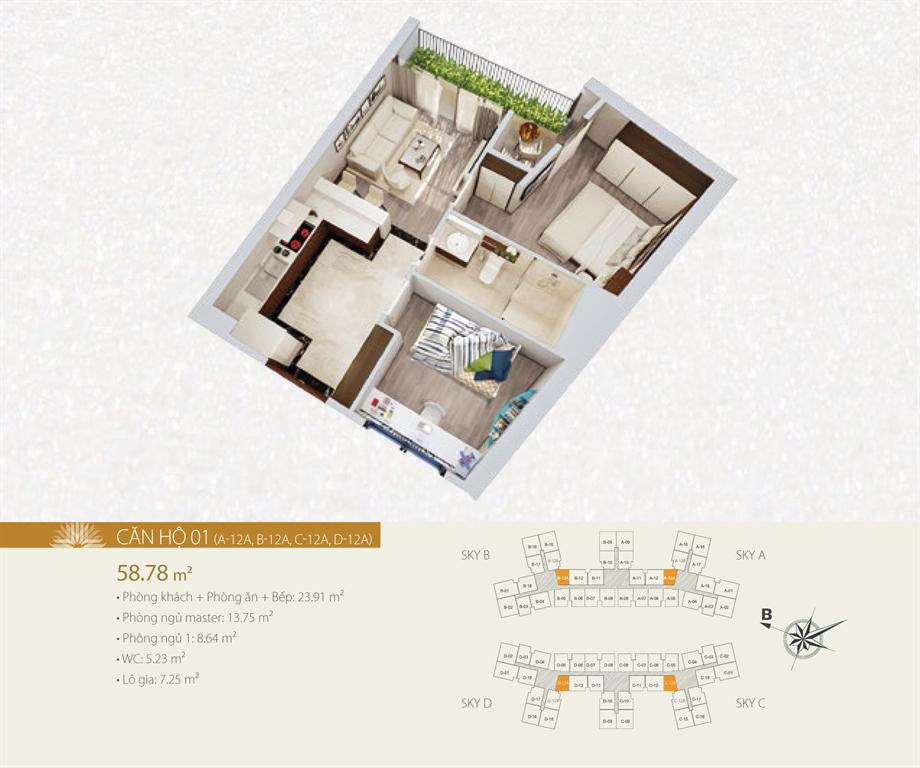Căn hộ 01, thiết kế 2 phòng ngủ, diện tích 58.78 m2