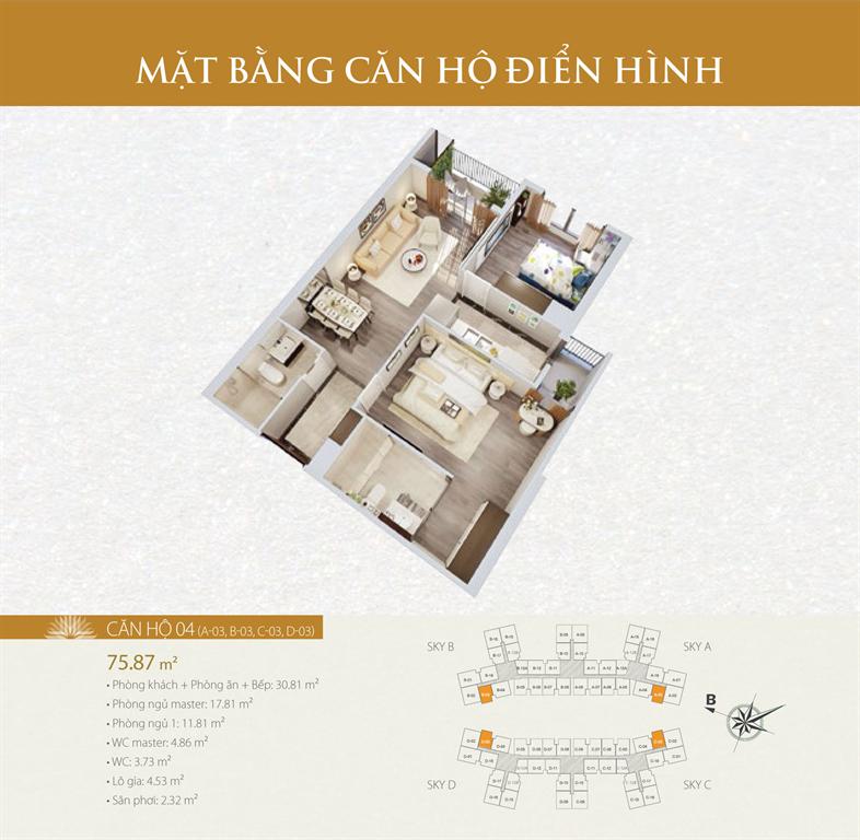 Căn hộ 04, thiết kế 2 phòng ngủ, diện tích 75.87 m2