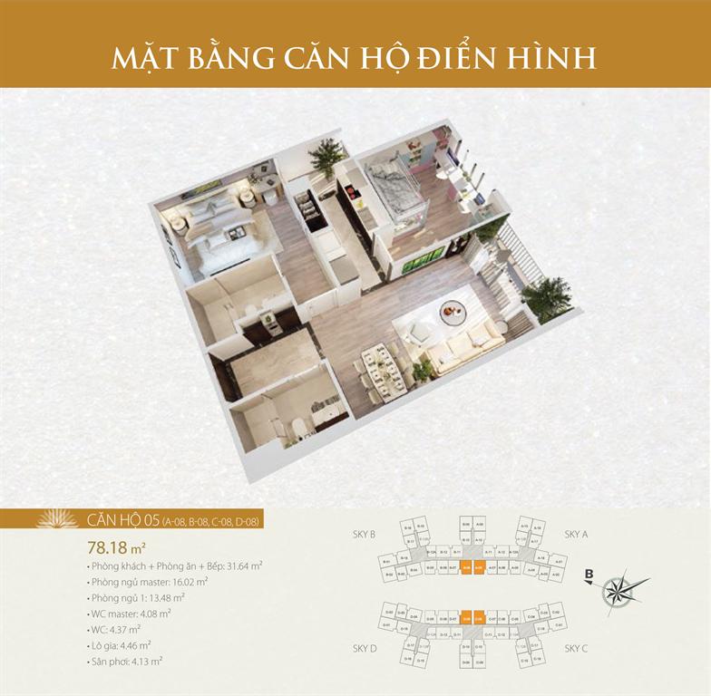 Căn hộ 05, thiết kế 2 phòng ngủ, diện tích 78.18 m2