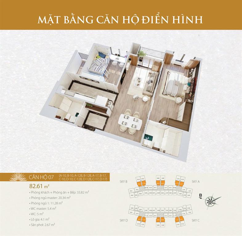 Căn hộ 07, thiết kế 2 phòng ngủ, diện tích 82.61 m2