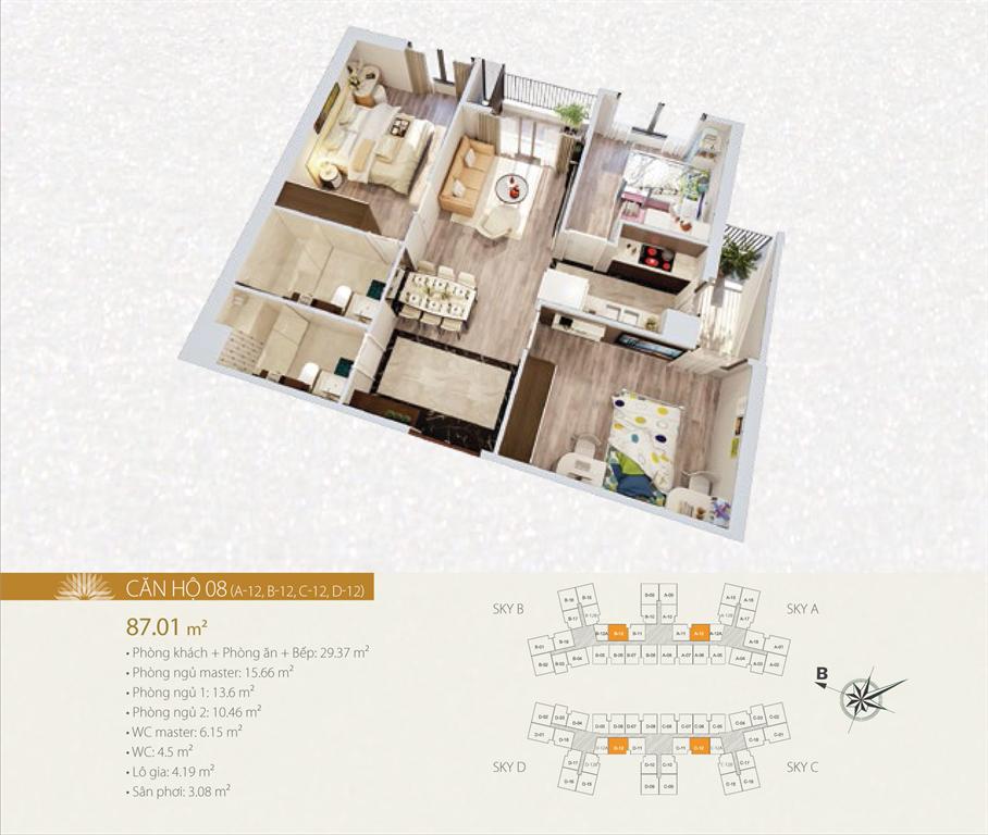 Căn hộ 08, thiết kế 3 phòng ngủ, diện tích 87.01 m2