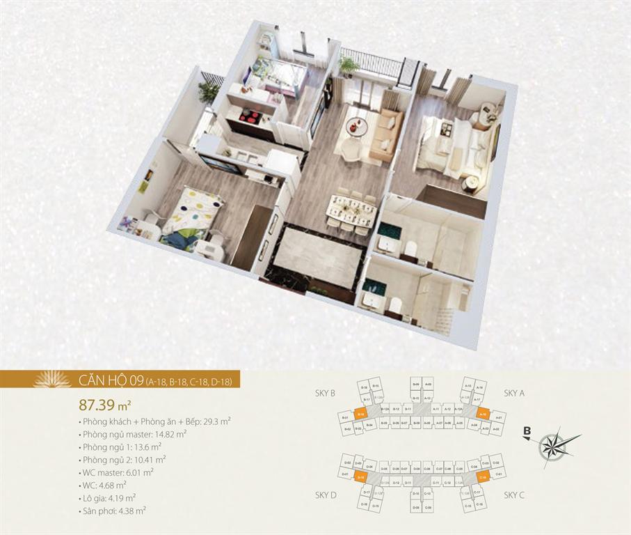 Căn hộ 09, thiết kế 3 phòng ngủ, diện tích 87.39 m2