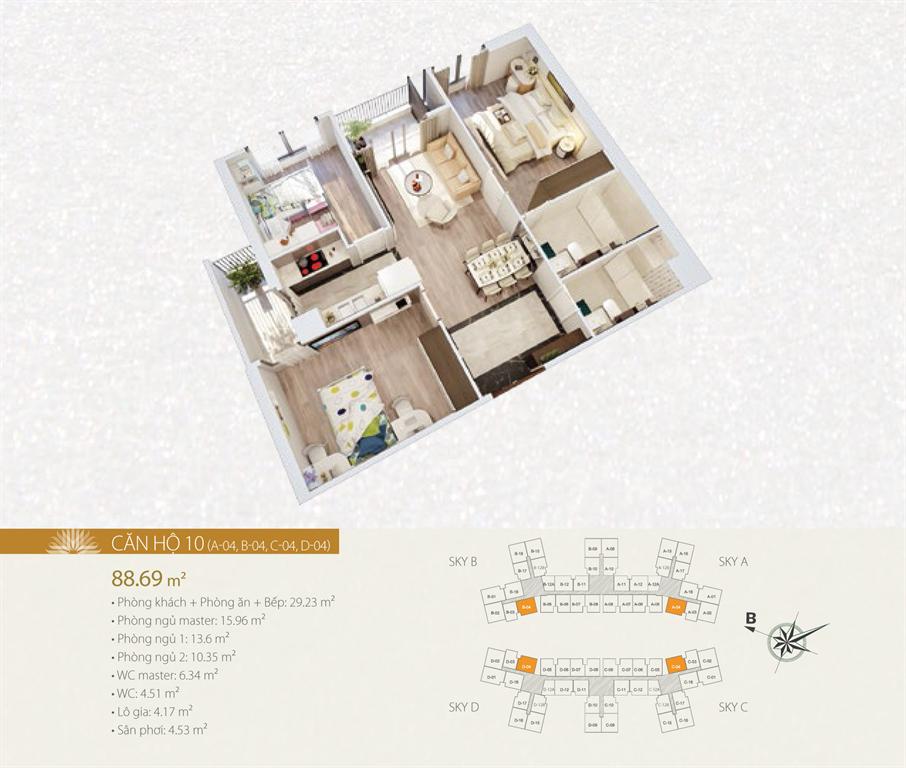 Căn hộ 10, thiết kế 3 phòng ngủ, diện tích 88.69 m2