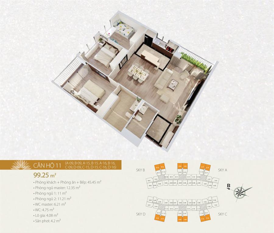 Căn hộ 11, thiết kế 3 phòng ngủ, diện tích 99.25 m2