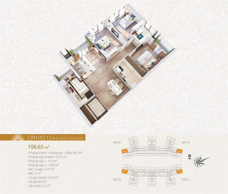 Căn hộ 12, thiết kế 3 phòng ngủ, diện tích 106.65 m2