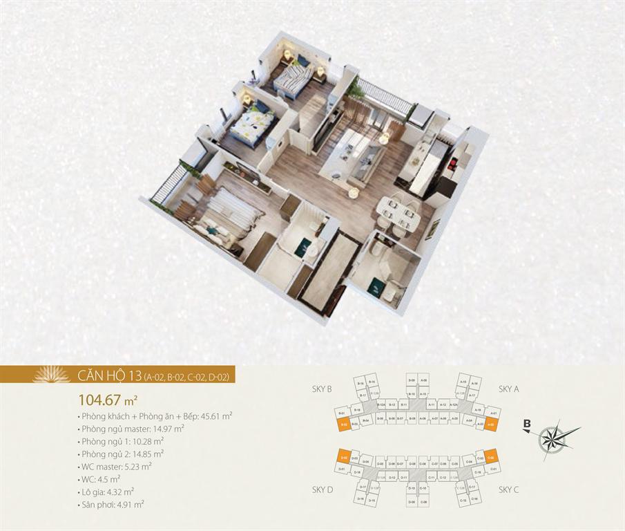Căn hộ 13, thiết kế 3 phòng ngủ, diện tích 104.64 m2