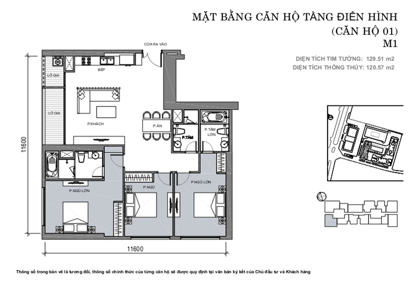 Căn hộ 01, diện tích 129.51m2, 3 phòng ngủ