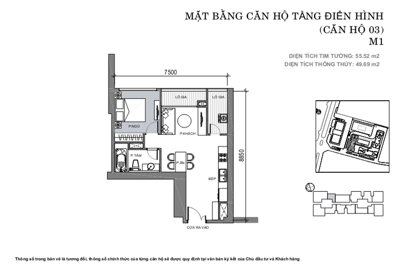 - Căn hộ 03, diện tích 55.52m2, 1 phòng ngủ, ban công Đông Nam