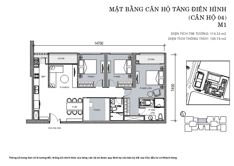 Căn hộ 04, diện tích 114.34m2, 3 phòng ngủ, ban công Đông Nam