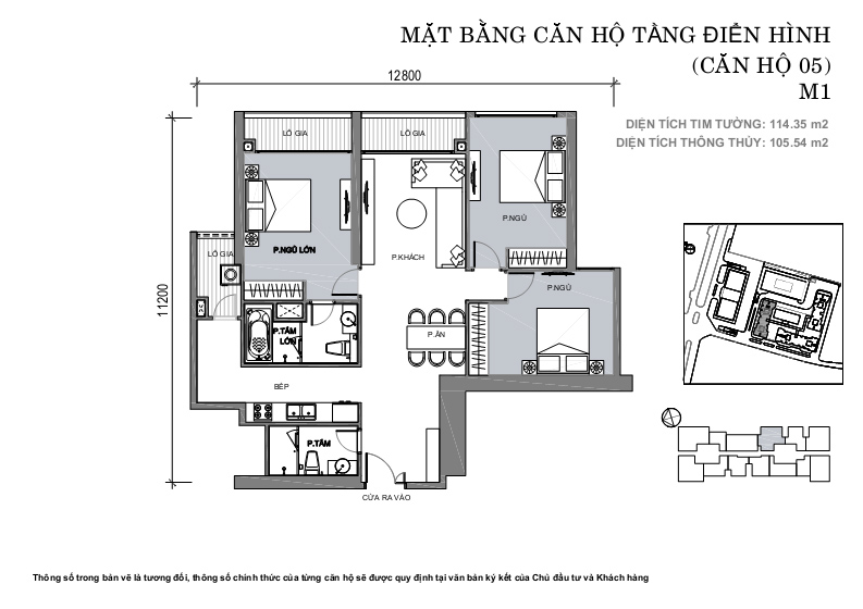 Căn hộ 05, diện tích 114.35m2, 3 phòng ngủ, ban công Đông Nam